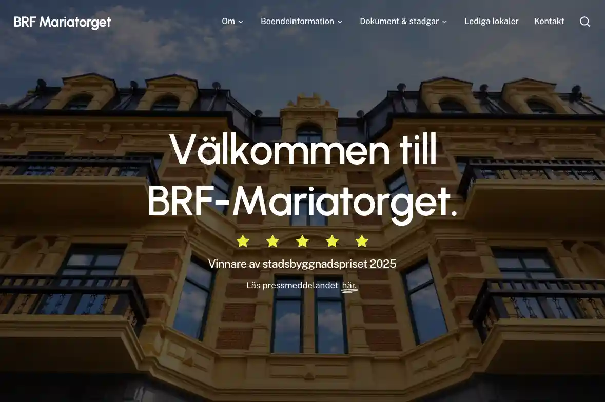 Startsidan på webbplatsen för BRF-Mariatorget