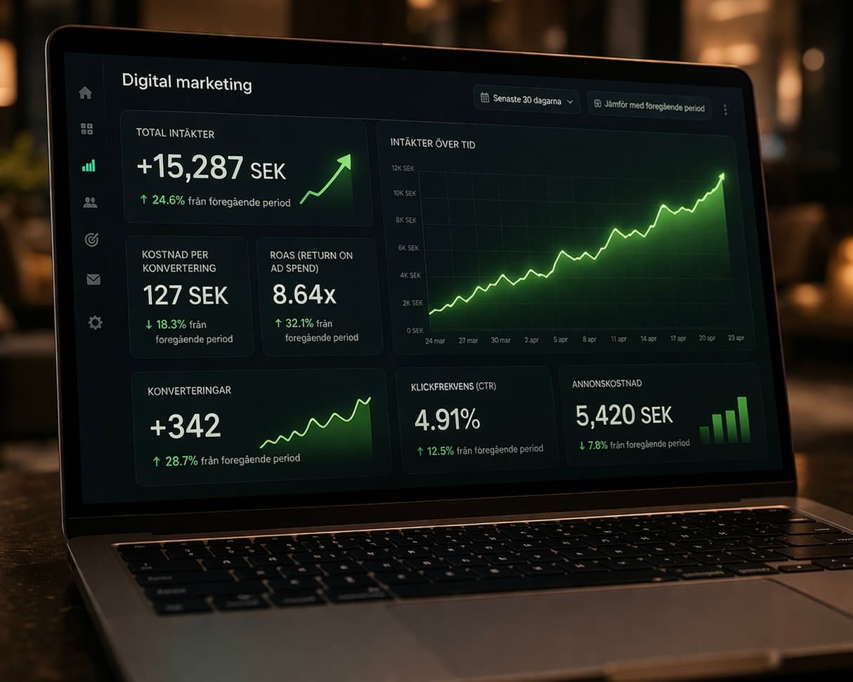 Bärbar dator med resultat från digital marknadsföring